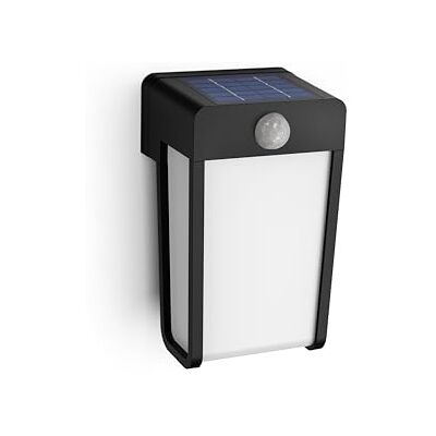 Philips Shroud buitenwandlamp op zonne-energie, 2.3W, 2700K, zwart, mat glas, met bewegingssensor, IP44 weerbestendig Philips Shroud buitenwandlamp op zonne-energie, 2.3W, 2700K, zwart, mat glas, met bewegingssensor, IP44 weerbestendig