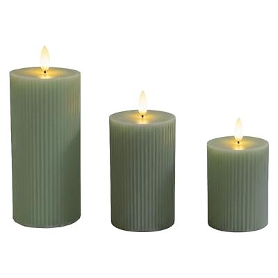 Relaxdays LED-kaarsen, set van 3, flikkerende vlam, van echt was, ribbels, vlam- en rookvrij, salie, 18 x 7.5 x 7.5 cm Relaxdays LED-kaarsen, set van 3, flikkerende vlam, van echt was, ribbels, vlam- en rookvrij, salie, 18 x 7.5 x 7.5 cm