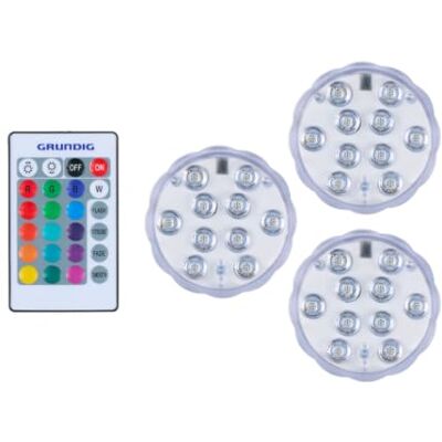 Grundig Draadloze spotset, 3-delig, led-spot met afstandsbediening, RGB-verlichting met kleurverandering, IP65 waterdicht, werkt op batterijen, 7 x 7 x 2,8 cm Grundig Draadloze spotset, 3-delig, led-spot met afstandsbediening, RGB-verlichting met kleurverandering, IP65 waterdicht, werkt op batterijen, 7 x 7 x 2,8 cm