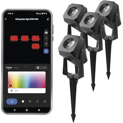 EMOS Smart tuinverlichting met grondpen, startset 4 stuks WiFi-buitenverlichting RGBIC + CCT-kleurenspectrum, dimbaar, uitbreidbaar HandyApp, spraakassistenten Spotlight met stekker waterdicht EMOS Smart tuinverlichting met grondpen, startset 4 stuks WiFi-buitenverlichting RGBIC + CCT-kleurenspectrum, dimbaar, uitbreidbaar HandyApp, spraakassistenten Spotlight met stekker waterdicht