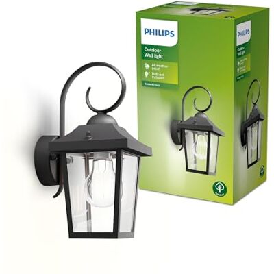 Philips Buzzard Vintage Wandlantaarn + E27 LED-lamp, Warmwit Licht, voor Buiten, Huis, Tuinverlichting, Zwart Philips Buzzard Vintage Wandlantaarn + E27 LED-lamp, Warmwit Licht, voor Buiten, Huis, Tuinverlichting, Zwart