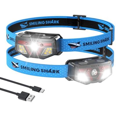 Smiling Shark ZL-105 Hoofdlamp, oplaadbare led-hoofdlamp met bewegingssensor, 6 lichtmodi, spot & schijnwerper, superhelder wit en rood licht, voor kamperen, wandelen, hardlopen, vissen (2 stuks) Smiling Shark ZL-105 Hoofdlamp, oplaadbare led-hoofdlamp met bewegingssensor, 6 lichtmodi, spot & schijnwerper, superhelder wit en rood licht, voor kamperen, wandelen, hardlopen, vissen (2 stuks)