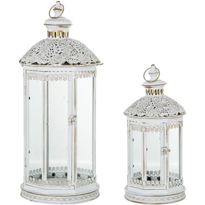 DRW Set van 2 vloerlantaarns van verguld en wit metaal, 27 x 27 x 67 cm en 22 x 22 x 45 cm DRW Set van 2 vloerlantaarns van verguld en wit metaal, 27 x 27 x 67 cm en 22 x 22 x 45 cm