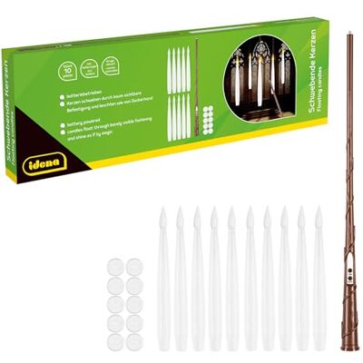 Idena 31874-10 drijfkaarsen met toverstaf afstandsbediening, LED-licht in warm wit, werkt op batterijen (11x AAA niet inbegrepen), incl. 10 houders en nylondraad Idena 31874-10 drijfkaarsen met toverstaf afstandsbediening, LED-licht in warm wit, werkt op batterijen (11x AAA niet inbegrepen), incl. 10 houders en nylondraad