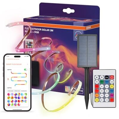 OSRAM FLEX Outdoor Solar decoratieve kleurrijke LED-strips voor buitengebruik met zonnepaneel met Magic RGB, RC, IP44, dimbaar, wit, siliconen, 3 m, lamp niet vervangbaar OSRAM FLEX Outdoor Solar decoratieve kleurrijke LED-strips voor buitengebruik met zonnepaneel met Magic RGB, RC, IP44, dimbaar, wit, siliconen, 3 m, lamp niet vervangbaar