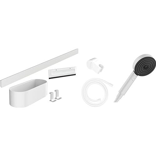 Hansgrohe WallStoris Badkamer-set, accessoireset voor de badkamer zonder boren, 7-delig, met douchekop waterbesparend en badkameraccessoires, badkameraccessoires, mat wit