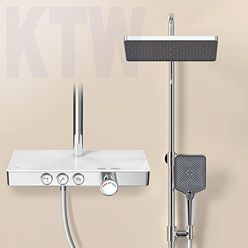 EMKE Douchesysteem met thermostaat, KTW-certificering, doucheset, 45 cm, thermostatische plaat, handdouche, 3 straalsoorten, regendouche met kraan, douchesysteem, chroom