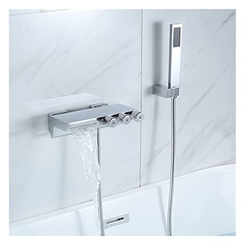 LYFENS Bad Taps Waterval Badkuip Kraan Wandmontage Kuip Kraan Kraan Met Hand Douche Zwart 3 Handgreep Douche Kraan/Chrome