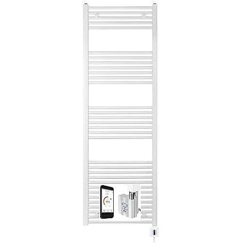 anapont Elektrische handdoekhouder wit en chroom met app-bediening, badkamer elektrisch elektrisch handdoekenrek, handdoekdroger elektrische verwarming wit recht, 1475h x 600b