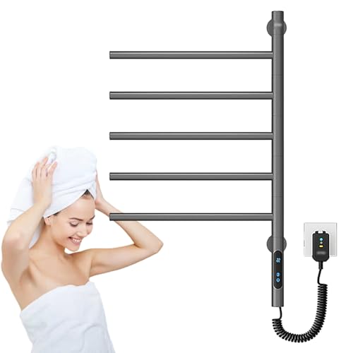 Roboraty Handdoekverwarmers voor de badkamer, warm handdoekverwarmerrek met timer, aan de muur gemonteerde elektrische handdoekverwarmer, plug-in verwarmd droogrek 5 bars,Grey