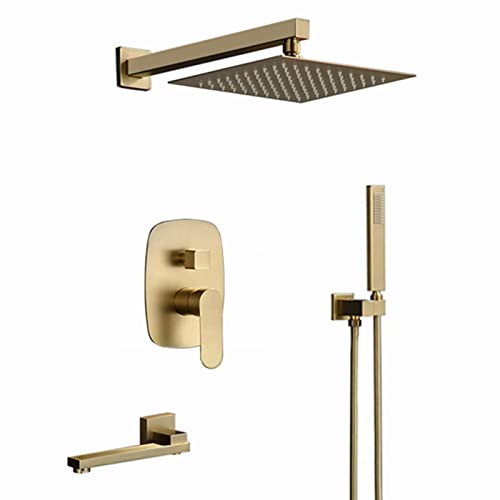 QFIESY Douchesysteem, geborsteld goud, 10-inch douchekop met draaibare badkuipuitloop, aan de muur gemonteerde badkuip-douchekraan, 3-functie bad-douchemengkraan