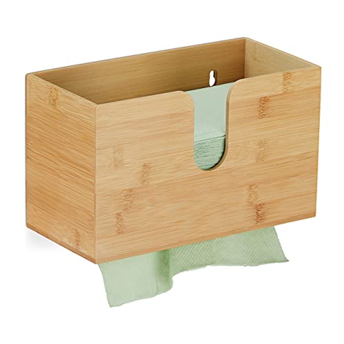 Relaxdays handdoekdispenser, bamboe, muur, voor H2 papieren handdoekjes, vouwhanddoekdispenser, HxBxD 16x27x13 cm, wit