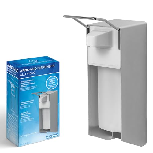 ARNOMED 1x aluminium desinfectiemiddeldispenser, desinfectiemiddeldispenser voor 500 ml, dispenser met korte armhendel, zeepdispenser voor wandmontage, zeepdispenser, desinfectiemiddeldispenser wand