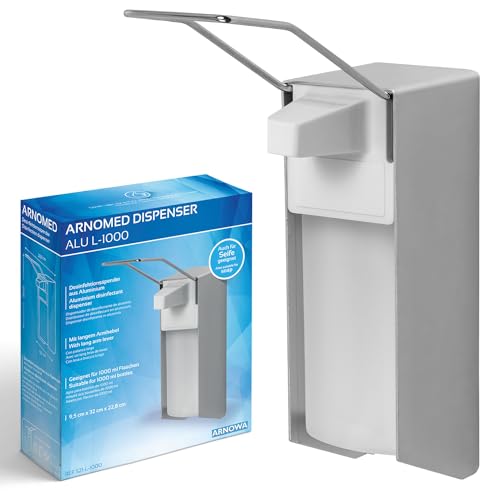 ARNOMED 1x aluminium desinfectiemiddeldispenser, desinfectiemiddeldispenser voor 1000 ml, dispenser met lange armhendel, zeepdispenser voor wandmontage, zeepdispenser, desinfectiemiddeldispenser wand