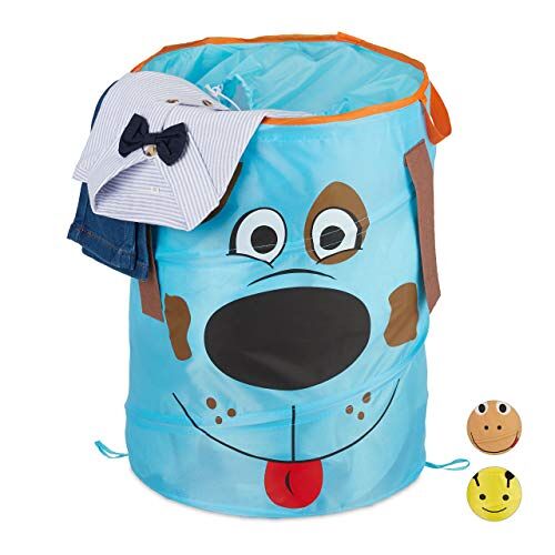 Relaxdays wasmand pop up, 39 liter, voor kinderen, badkamer, HxD: ca. 43 x 34 cm, honden thema, blauw