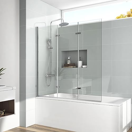 EMKE Douchewand voor badkuip, 130 x 140 cm, 3-delig, opvouwbaar, douchewand voor badkuip, douchewand, badkuip, 6 mm veiligheidsglas, opzetstuk voor badkuip
