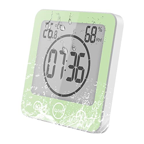 VORRINC Klok voor badkamer, badkamerklok, waterdicht, aanraakbediening, °C/°F, luchtvochtigheid, temperatuur, lcd-display, badkamerklok met zuignap, countdown-timer, voor douche en keuken (groen)