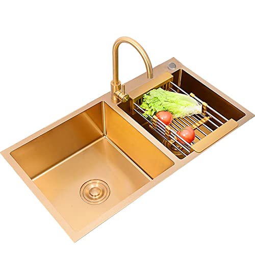 ATHUAH Gouden dubbele spoelbak  RVS spoelbak topmontage en inbouwinstallatie inclusief zeepdispenser, overloop en afvoerfittingen (Kleur: Goud, Maat: 82 * 45 * 22 cm)