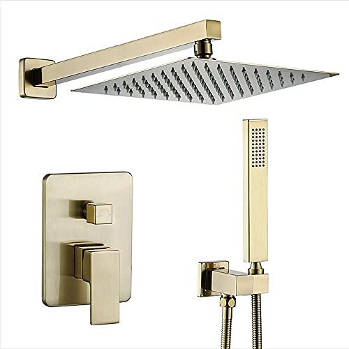 KYYQXSM Regen Geborsteld Goud Regen Mixer Douche Combo Set Wandmontage Badkamer Douchekraan Set met Vierkante RVS Douchekop, Handheld Douche, Ingebouwde Doos