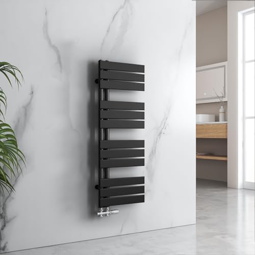 EMKE Badkamerradiator 1041 x 400 mm, handdoekradiator, zijaansluiting, handdoekdroger, badkamerradiator, handdoekhouder, plat voor water, 456 W, zwart