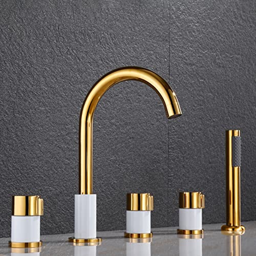 XYLKWY Badkuip Edge Fitting 5 Gat Set Bad Tap met uittrekbare Handdouche Badkamer Tap Chroom, , Goud en Wit,