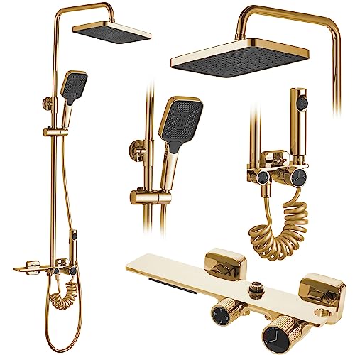 Rea douchesysteem HELIX Gold doucheset douchekraan met douchekop en hoofddouche van messing doucheset voor badkamer (goud)