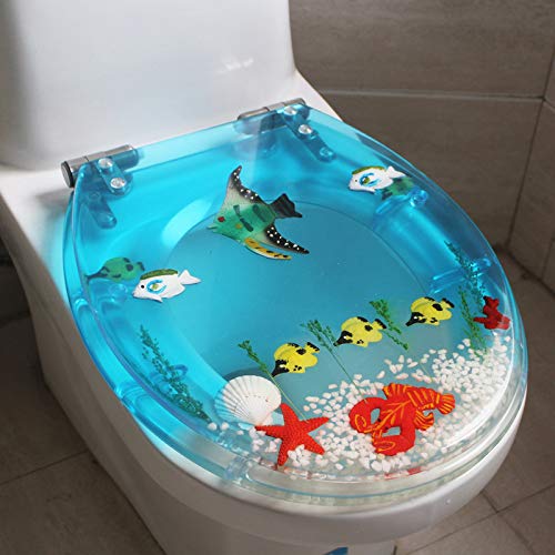 MAVJXHRB Toiletdeksel, Ocean Series Art Slow Close Hars Toiletbril met hoes, 3D-effecten Heavy Duty Toiletdeksel, echte schelpen en zand voor U/V/O-type