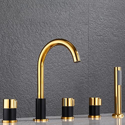 XYLKWY Badkuip Edge Fitting 5 Gat Set Bad Tap met uittrekbare Handdouche Badkamer Tap Chroom, , Goud en Zwart,