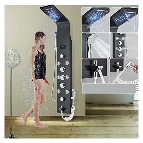 OwKay Douchetoren, Zwart LED Douchepaneel Zes Functies Waterval Douchepaneel Badkamer Kraan Badkamer SPA Massage Jet Tub Mixer Massage Sproeier (Kleur: 8009 Zwart, Maat: 20PC)