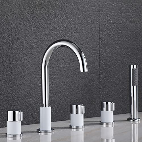 XYLKWY Badkuip Edge Fitting 5 Gat Set Bad Tap met uittrekbare Handdouche Badkamer Tap Chroom, , Chroom en Wit,