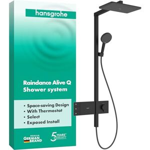 Hansgrohe Raindance Alive Q Douchesysteem met thermostaat, regendouche (340 x 210 mm) met douchekraan, handdouche, doucheslang, glijstang en douchekop (2 jets, incl. Power Rain), mat zwart, 24590670 Hansgrohe Raindance Alive Q Douchesysteem met thermostaat, regendouche (340 x 210 mm) met douchekraan, handdouche, doucheslang, glijstang en douchekop (2 jets, incl. Power Rain), mat zwart, 24590670