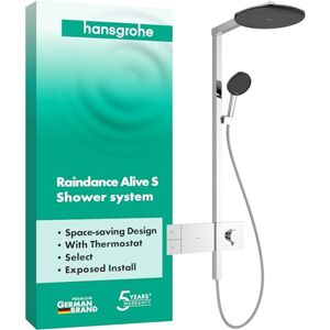 Hansgrohe Raindance Alive S Douchesysteem met thermostaat, regendouche (300 mm) met douchekraan, handdouche (3 jets incl. PowderRain), doucheslang, glijstang en douchekop, chroom, 24582000 Hansgrohe Raindance Alive S Douchesysteem met thermostaat, regendouche (300 mm) met douchekraan, handdouche (3 jets incl. PowderRain), doucheslang, glijstang en douchekop, chroom, 24582000