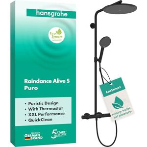 Hansgrohe Raindance Alive S Puro waterbesparend Douchesysteem (EcoSmart) met thermostaat, regendouche (300 mm) met douchekraan, handdouche, doucheslang, glijstang en douchekop, mat zwart, 24593670 Hansgrohe Raindance Alive S Puro waterbesparend Douchesysteem (EcoSmart) met thermostaat, regendouche (300 mm) met douchekraan, handdouche, doucheslang, glijstang en douchekop, mat zwart, 24593670