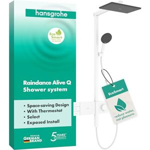 Hansgrohe Raindance Alive Q waterbesparend Douchesysteem (EcoSmart) met thermostaat, regendouche (340 x 210 mm) met douchekraan, handdouche, doucheslang, glijstang en douchekop, mat wit, 24591700 Hansgrohe Raindance Alive Q waterbesparend Douchesysteem (EcoSmart) met thermostaat, regendouche (340 x 210 mm) met douchekraan, handdouche, doucheslang, glijstang en douchekop, mat wit, 24591700