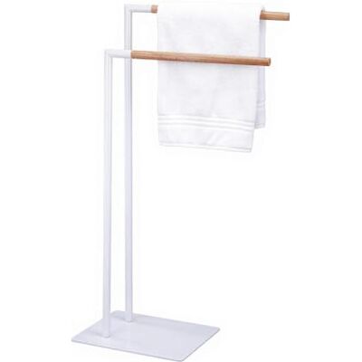 Amig Witte vrijstaande handdoekhouder met houten stangen Dubbele handdoekhouder voor de badkamer Minimalistische stijl met stabiele metalen voet Geen boren nodig Amig Witte vrijstaande handdoekhouder met houten stangen Dubbele handdoekhouder voor de badkamer Minimalistische stijl met stabiele metalen voet Geen boren nodig