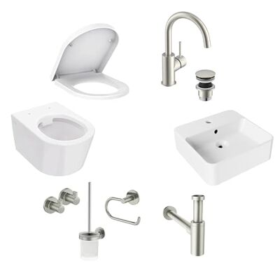 Lenz PERFECT FIT 8-delige set gastenbadkamers, roestvrij staal, wand-wc incl. wc-bril met softclosemechanisme, wastafel, zuinige armatuur, sifon & badkameraccessoireset, 41050011 Lenz PERFECT FIT 8-delige set gastenbadkamers, roestvrij staal, wand-wc incl. wc-bril met softclosemechanisme, wastafel, zuinige armatuur, sifon & badkameraccessoireset, 41050011