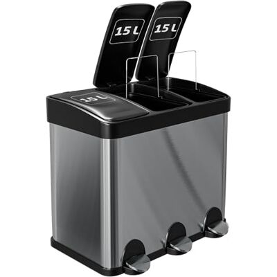 Amig Drievoudige pedaalemmer 45 liter model RECIK3-3 uitneembare compartimenten van 15 liter Keukenafvalbak Roestvrij staal 60 x 37 x 49 cm Zilver Amig Drievoudige pedaalemmer 45 liter model RECIK3-3 uitneembare compartimenten van 15 liter Keukenafvalbak Roestvrij staal 60 x 37 x 49 cm Zilver