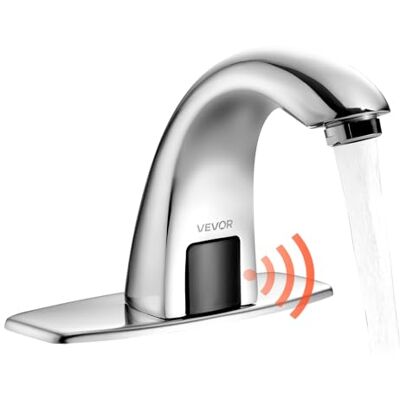 VEVOR Touchless wastafelkraan, automatische bewegingssensor toiletkraan met gatafdekkingsplaat, werkt op batterijen, instelbare temperatuur voor 9,5 mm pijp commercieel toilet, verchroomd zilver VEVOR Touchless wastafelkraan, automatische bewegingssensor toiletkraan met gatafdekkingsplaat, werkt op batterijen, instelbare temperatuur voor 9,5 mm pijp commercieel toilet, verchroomd zilver
