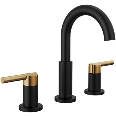 DELTA Nicoli Matte Black/Brushed Gold Faucet 3 Hole, 8 Inch Widespread Bathroom Sink Faucet for Vanity, Push-Pop Drain Assembly, Matte Black/Champagne Bronze 35749LF-GZ DELTA Nicoli Matte Black/Brushed Gold Faucet 3 Hole, 8 Inch Widespread Bathroom Sink Faucet for Vanity, Push-Pop Drain Assembly, Matte Black/Champagne Bronze 35749LF-GZ