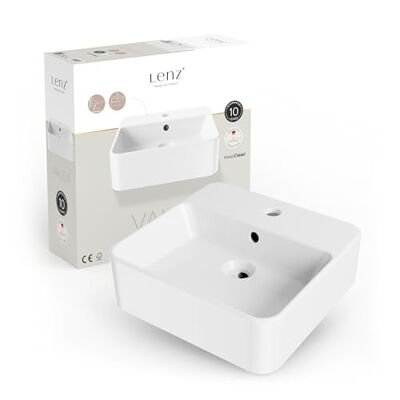 Lenz Handwastafel VALEA voor gastentoiletten en kleine badkamers, 40 cm x 38,5 cm, hangend aan de muur of als opzetwastafel, superglad KeepClean oppervlak, met overloop, wit, 41010161 Lenz Handwastafel VALEA voor gastentoiletten en kleine badkamers, 40 cm x 38,5 cm, hangend aan de muur of als opzetwastafel, superglad KeepClean oppervlak, met overloop, wit, 41010161