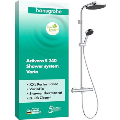 Hansgrohe Activera S waterbesparend Douchesysteem (EcoSmart+) met thermostaat, regendouche (240 mm) met douchekraan, handdouche (2 jets), doucheslang, glijstang en douchekop, chroom, 28083000 Hansgrohe Activera S waterbesparend Douchesysteem (EcoSmart+) met thermostaat, regendouche (240 mm) met douchekraan, handdouche (2 jets), doucheslang, glijstang en douchekop, chroom, 28083000