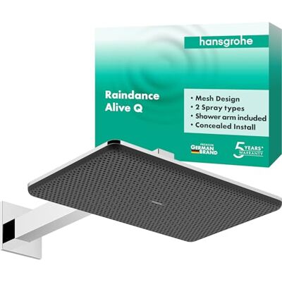Hansgrohe Raindance Alive Q Hoofddouche met douchearm, Douchekop (210 x 340 mm), Regendouche met 2 jets (incl. PowderRain) voor wandmontage, met anti-kalk functie, chroom, 24550000 Hansgrohe Raindance Alive Q Hoofddouche met douchearm, Douchekop (210 x 340 mm), Regendouche met 2 jets (incl. PowderRain) voor wandmontage, met anti-kalk functie, chroom, 24550000