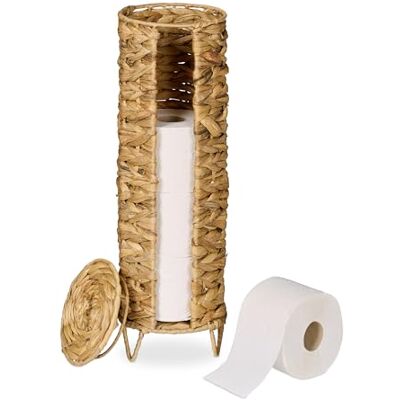 Relaxdays reserverolhouder, 4 rollen, HxØ: 50,5 x 16 cm, deksel, waterhyacint, toiletrolhouder staand, zonder boren Relaxdays reserverolhouder, 4 rollen, HxØ: 50,5 x 16 cm, deksel, waterhyacint, toiletrolhouder staand, zonder boren