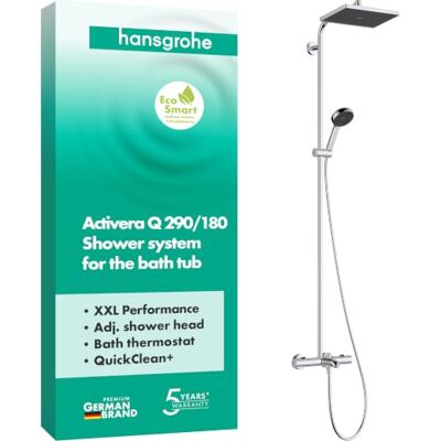 Hansgrohe Activera Q Douchesysteem max. 8 l/min (EcoSmart) met badthermostaat, regendouche (290 x 180 mm) met badkraan, handdouche (2 jets), doucheslang, glijstang en douchekop, chroom, 28753000 Hansgrohe Activera Q Douchesysteem max. 8 l/min (EcoSmart) met badthermostaat, regendouche (290 x 180 mm) met badkraan, handdouche (2 jets), doucheslang, glijstang en douchekop, chroom, 28753000