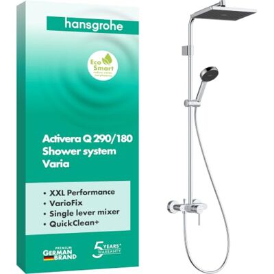 Hansgrohe Activera Q Douchesysteem max. 8 l/min (EcoSmart) met ééngreeps mengkraan, regendouche (290 x 180 mm) met douchekraan, handdouche, doucheslang, glijstang en douchekop, chroom, 28747000 Hansgrohe Activera Q Douchesysteem max. 8 l/min (EcoSmart) met ééngreeps mengkraan, regendouche (290 x 180 mm) met douchekraan, handdouche, doucheslang, glijstang en douchekop, chroom, 28747000