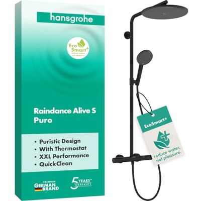 Hansgrohe Raindance Alive S Puro Douchesysteem max. 6 l/min (EcoSmart+) met thermostaat, regendouche (300 mm), douchekraan, handdouche (3 jets), doucheslang, glijstang, mat zwart, 24594670 Hansgrohe Raindance Alive S Puro Douchesysteem max. 6 l/min (EcoSmart+) met thermostaat, regendouche (300 mm), douchekraan, handdouche (3 jets), doucheslang, glijstang, mat zwart, 24594670