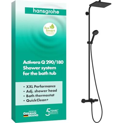 Hansgrohe Activera Q Douchesysteem max. 8 l/min (EcoSmart) met badthermostaat, regendouche (290x180mm) met badkraan, handdouche (2 jets), doucheslang, glijstang en douchekop, mat zwart, 28753670 Hansgrohe Activera Q Douchesysteem max. 8 l/min (EcoSmart) met badthermostaat, regendouche (290x180mm) met badkraan, handdouche (2 jets), doucheslang, glijstang en douchekop, mat zwart, 28753670