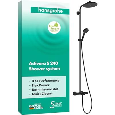 Hansgrohe Activera S waterbesparend Douchesysteem (EcoSmart) met badthermostaat, regendouche (240 mm) met badkraan, handdouche (2 jets), doucheslang, glijstang en douchekop, mat zwart, 28871670 Hansgrohe Activera S waterbesparend Douchesysteem (EcoSmart) met badthermostaat, regendouche (240 mm) met badkraan, handdouche (2 jets), doucheslang, glijstang en douchekop, mat zwart, 28871670
