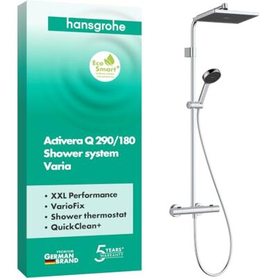 Hansgrohe Activera Q Douchesysteem max. 6 l/min (EcoSmart+) met thermostaat, regendouche (290 x 180 mm) met douchekraan, handdouche (2 jets), doucheslang, glijstang en douchekop, chroom, 28749000 Hansgrohe Activera Q Douchesysteem max. 6 l/min (EcoSmart+) met thermostaat, regendouche (290 x 180 mm) met douchekraan, handdouche (2 jets), doucheslang, glijstang en douchekop, chroom, 28749000
