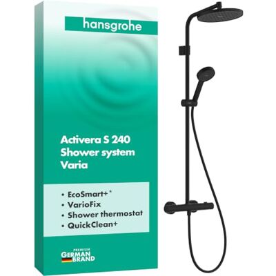 Hansgrohe Activera S waterbesparend Douchesysteem (EcoSmart+) met thermostaat, regendouche (240 mm) met douchekraan, handdouche (2 jets), doucheslang, glijstang en douchekop, mat zwart, 28083670 Hansgrohe Activera S waterbesparend Douchesysteem (EcoSmart+) met thermostaat, regendouche (240 mm) met douchekraan, handdouche (2 jets), doucheslang, glijstang en douchekop, mat zwart, 28083670